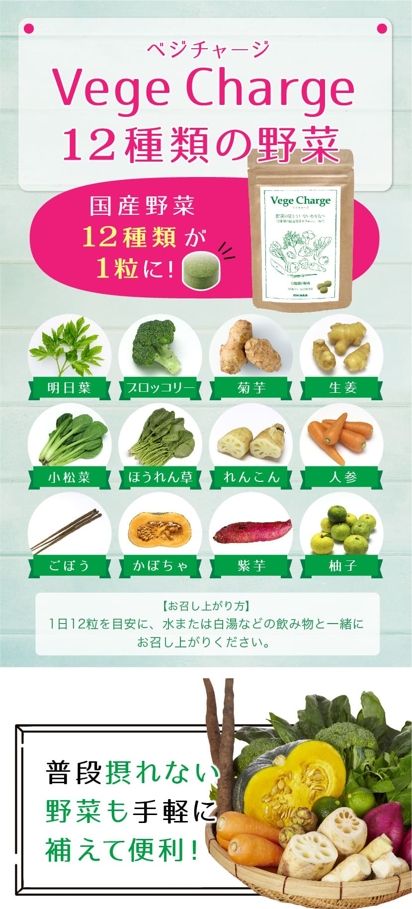 ベジチャージ Vege Charge 12種類の野菜国産野菜12種類が1粒に明日葉、ブロッコリー、菊芋、生姜、小松菜、ほうれん草、れんこん、人参、ごぼう、かぼちゃ、紫芋、柚子。【お召し上がり方】1日12粒を目安に、水または白湯などの飲み物と一緒にお召し上がりください。普段摂れない野菜も手軽に補えて便利！