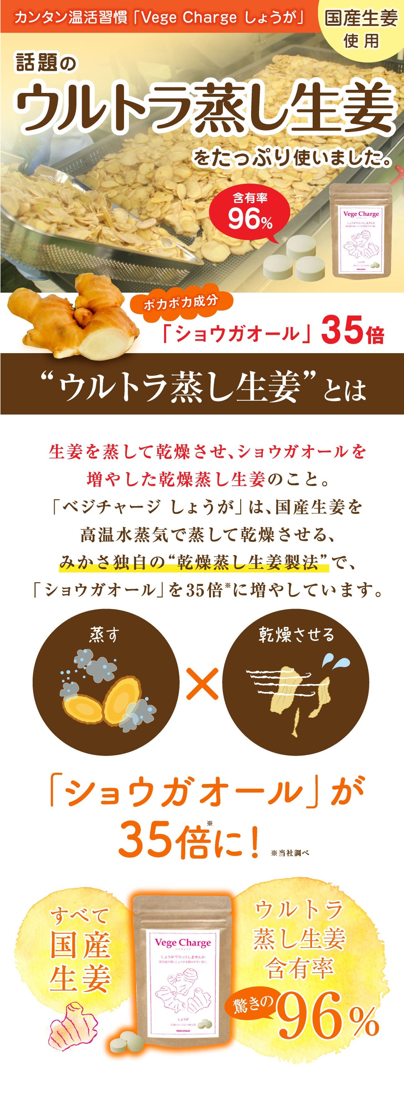 話題の“ウルトラ蒸し生姜”含有量96％国産生姜のみ使用「Vege Charge しょうが」サプリでカンタン続けやすい毎日ぽかぽか生姜温活